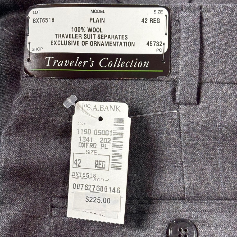 New Jos A Bank Traveler's Collection‎ 42 R Gray Plaid. 100% Wool Pants Unhemmed - Picture 3 of 14